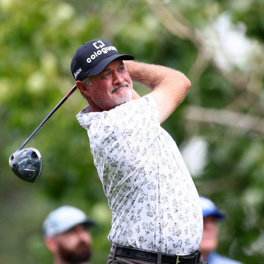 Rogers Charity Classic 2025 - Round One CALGARY, CANADA - AUGUST 15: Jerry Kelly of the United States hits his tee shot on the seventh hole during round one of the Rogers Charity Classic 2025 at Canyon Meadows Golf & CC on August 15, 2025 in Calgary, Alberta, Canada. (Photo by Vaughn Ridley/Getty Images)