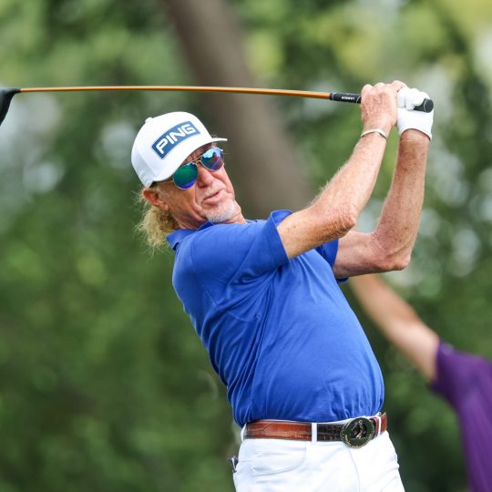 Sanford International 2025 - Final Round SIOUX FALLS, SOUTH DAKOTA - SEPTEMBER 14: Miguel Angel Jiménez of Spain hits a shot on the fourth tee during the final round of the Sanford International 2025 at Minnehaha Country Club on September 14, 2025 in Sioux Falls, South Dakota. (Photo by Steven Garcia/Getty Images)