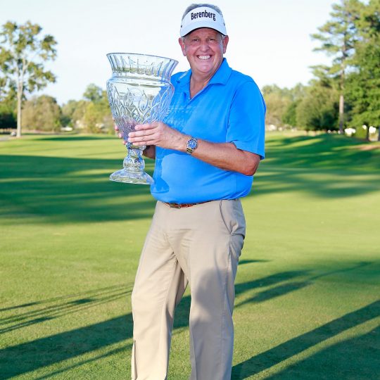 CARY, NC - OCTOBER 15:  Colin Montgomerie of Scotland poses with the trophy after winning the SAS Championship at Prestonwood Country Club on October 15, 2017 in Cary, North Carolina.  (Photo by Matt Sullivan/Getty Images)