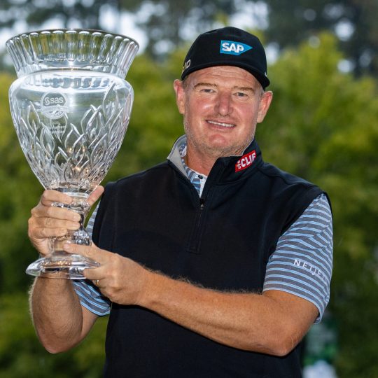 CARY, NC - OCTOBER 11: Ernie Ells of South Africa poses with the trophy after winning during the final round of the SAS Championship at Prestonwood Country Club on October 11, 2020 in Cary, North Carolina. (Photo by Chris Keane/Getty Images)
