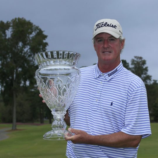 CARY, NC - OCTOBER 13:  Russ Cochran holds the trophy after winning  the SAS Championship held at Prestonwood Country Club on October 13, 2013 in Cary, North Carolina.  (Photo by Michael Cohen/Getty Images)