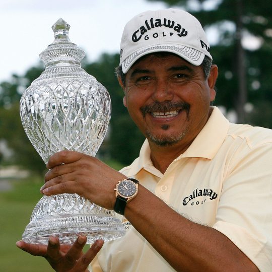 CARY, NC - SEPTEMBER 28:  Eduardo Romero poses with the trophy after winning the 2008 SAS Championship at Prestonwood Country Club on September 28, 2008 in Cary, North Carolina.  (Photo by Kevin C. Cox/Getty Images)