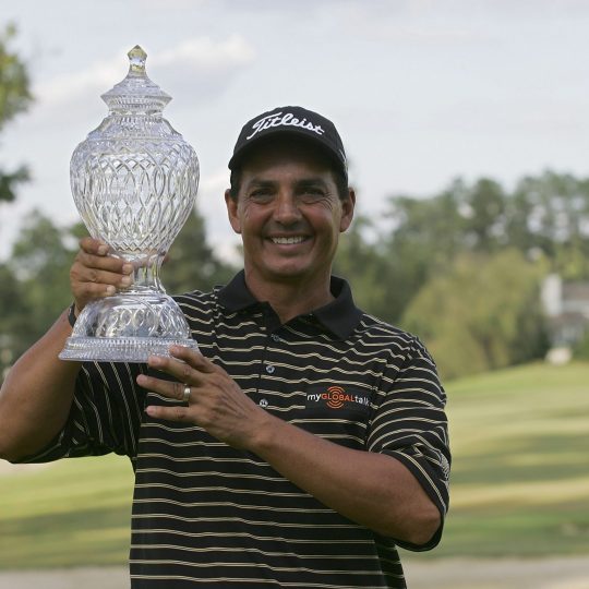 CARY, NC - SEPTEMBER 27:  Tom Pernice,Jr. holds the trophy after winning the SAS Championship at Prestonwood Country Club held on September 27, 2009 in Cary,  North Carolina.  (Photo by Michael Cohen/Getty Images)